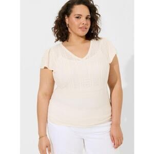 Torrid 2X Ivory Pointelle Knit Top | Plus V Neck Short Sleeve Sweater Blouse